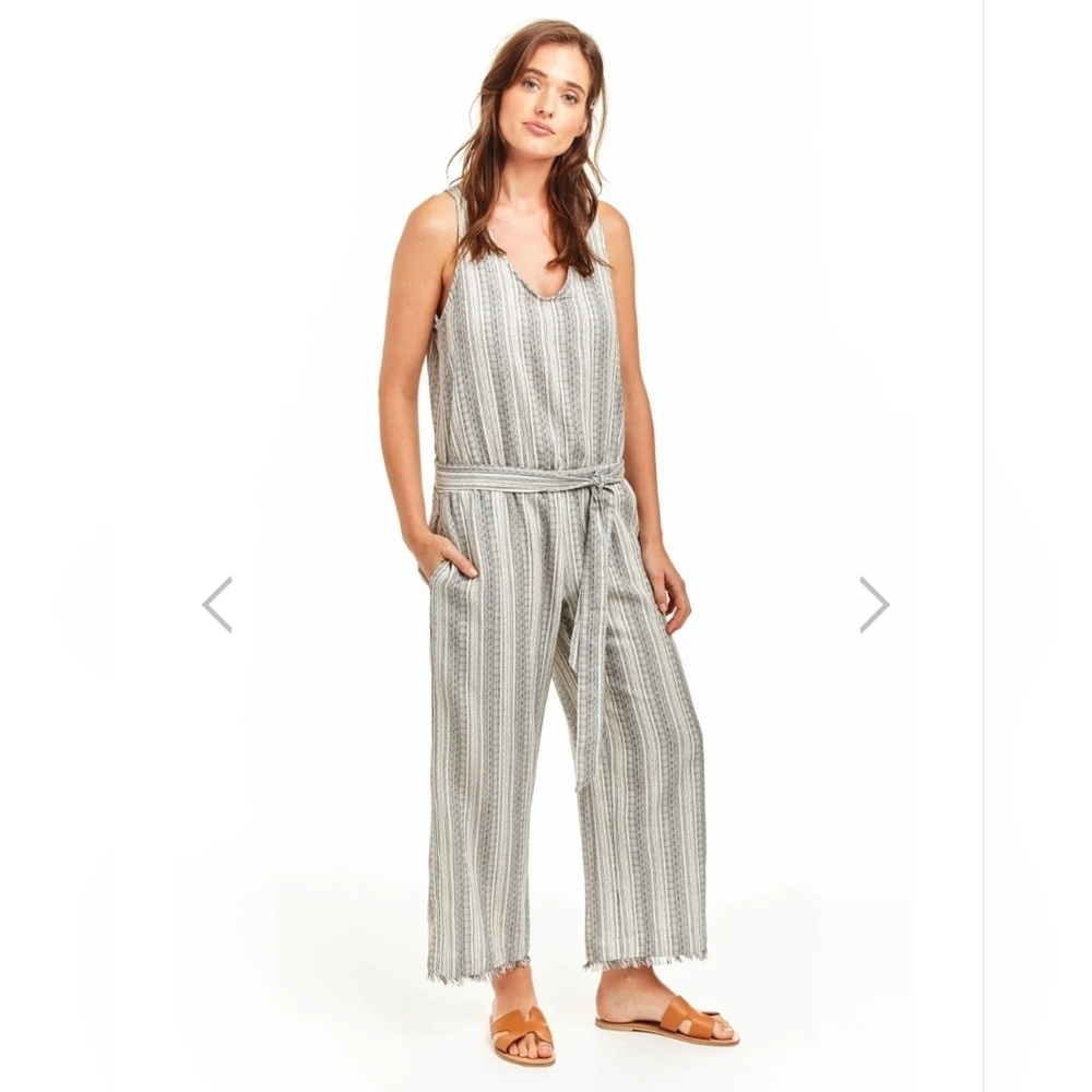 Drew Linen Blend Striped Sleeveless Jumpsuit Sz XS